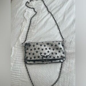 Zadig and Voltaire Silver/Black Leather Circus Star Rock Foldover Clutch Bag